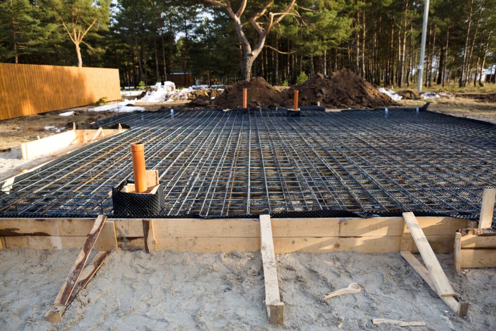 framework and rebar ready to pour concrete for a building foundation
