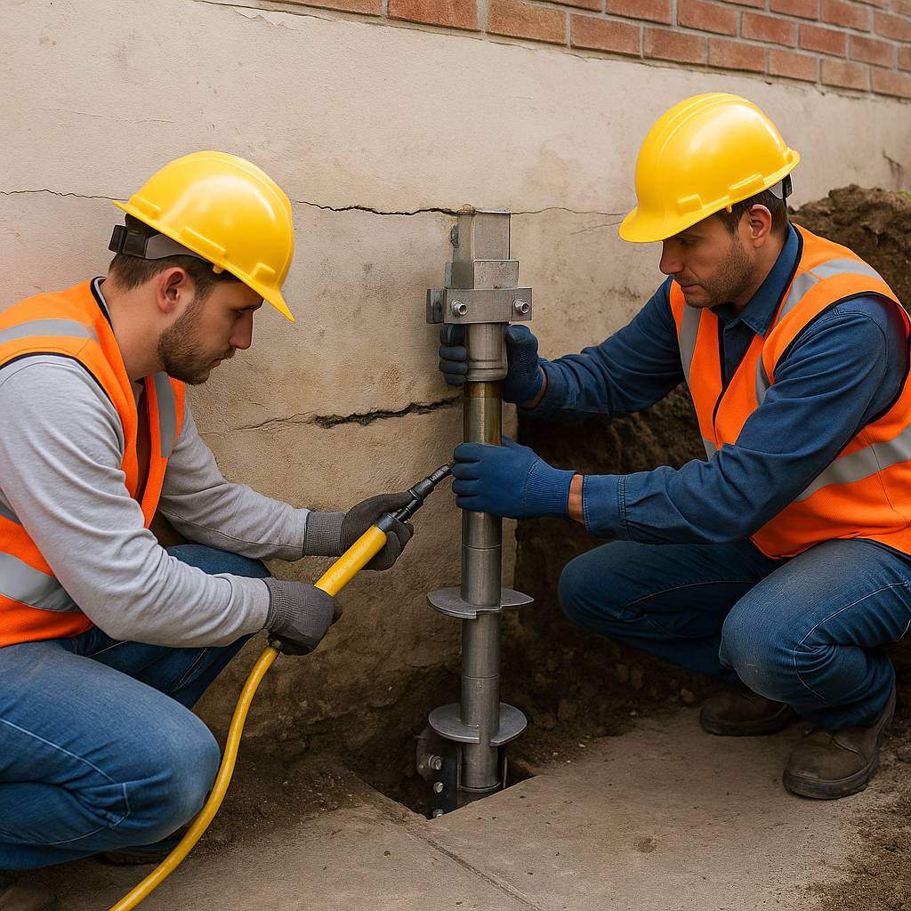 Technicians using specialized tools during foundation repair.
