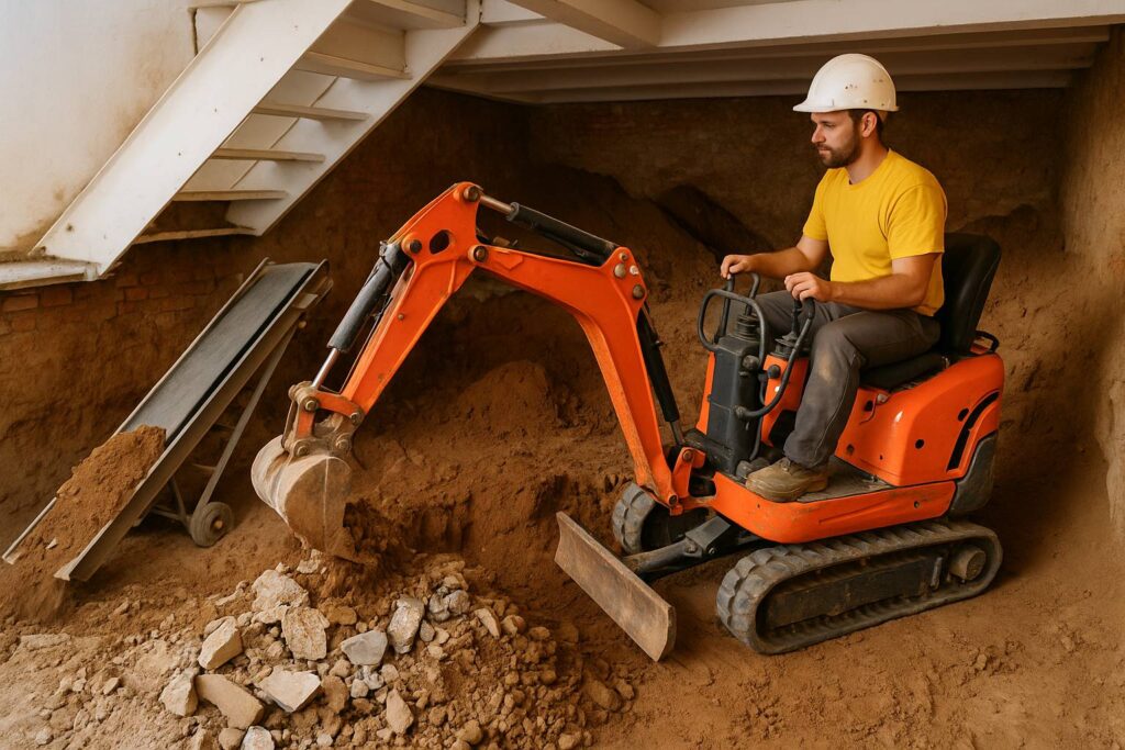 Contractor performing basement dig out services with mini excavation equipment.