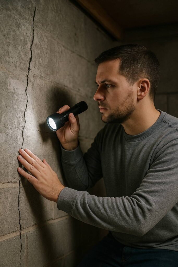 Technician checking basement walls for interior drainage issues.