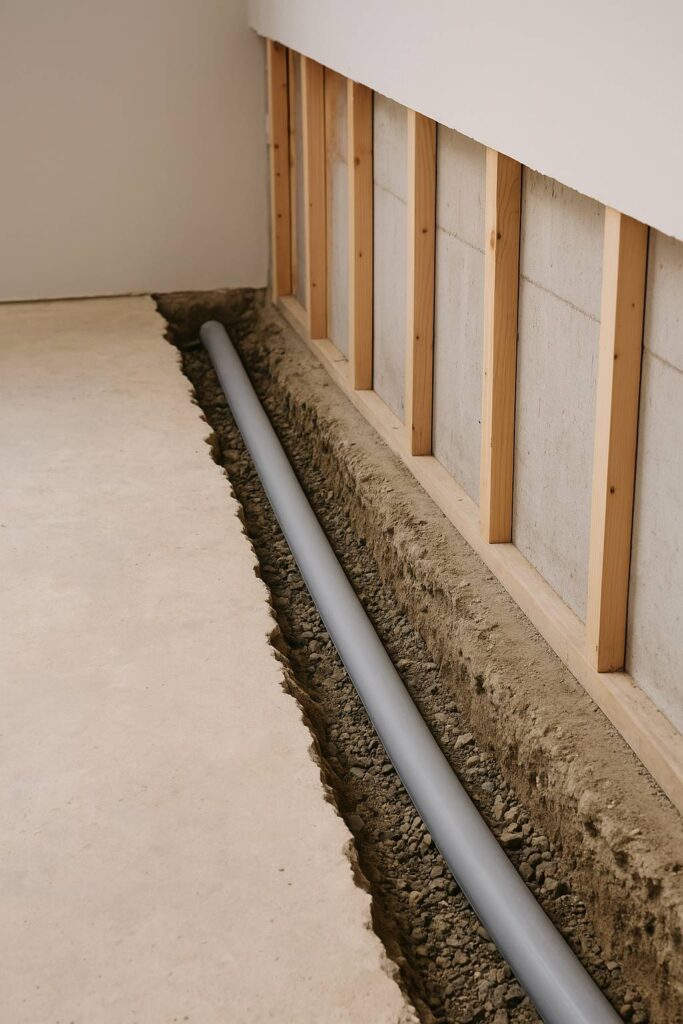 Interior drainage pipe in gravel trench along basement wall.