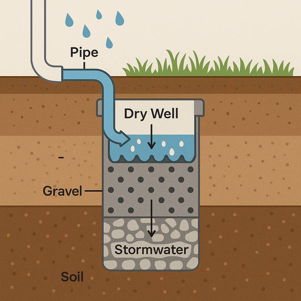 Diagram showing how dry wells direct stormwater underground for drainage.