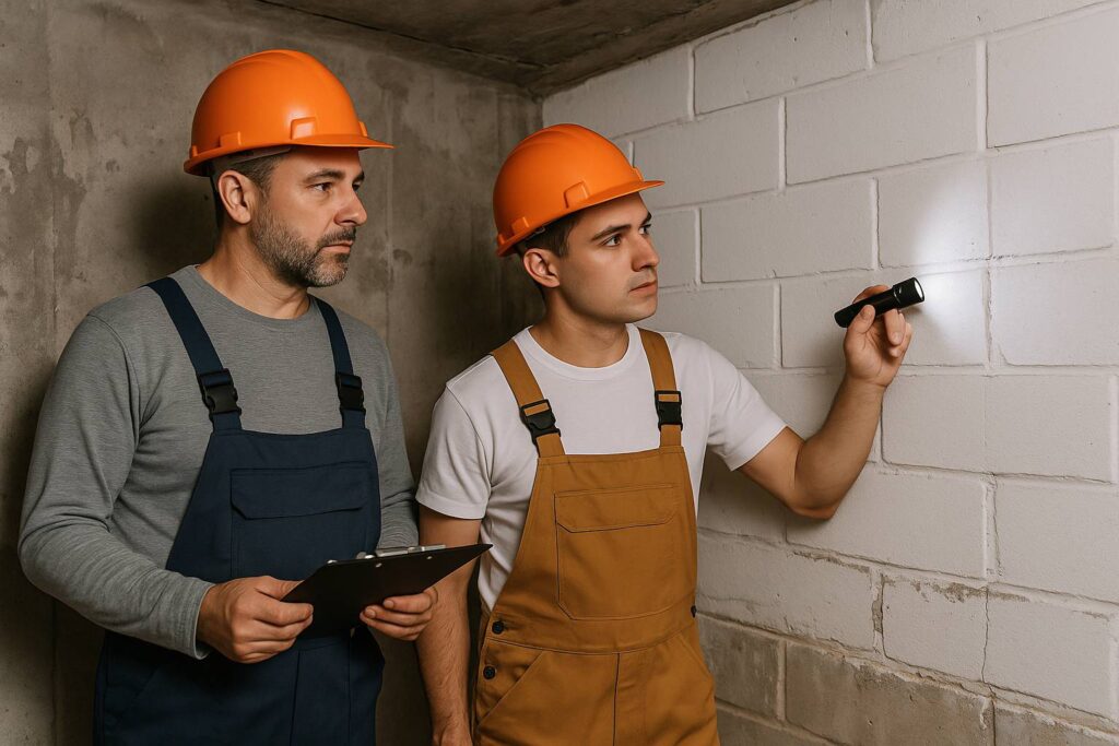 Waterproofing contractors inspecting basement walls for leaks.
