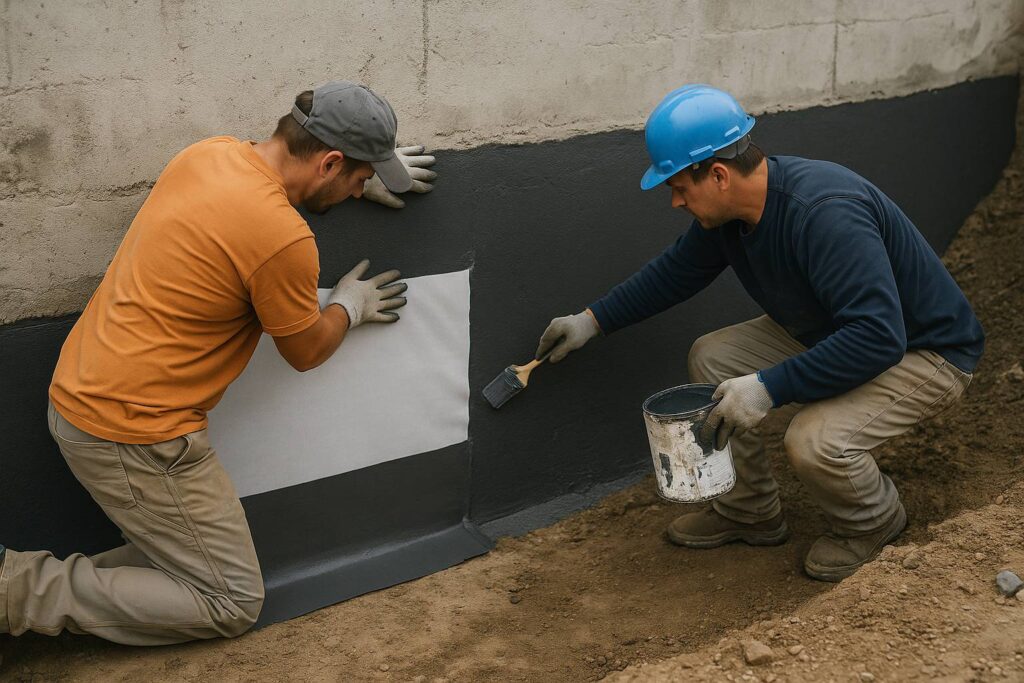 Waterproofing contractors applying membranes and sealants.
