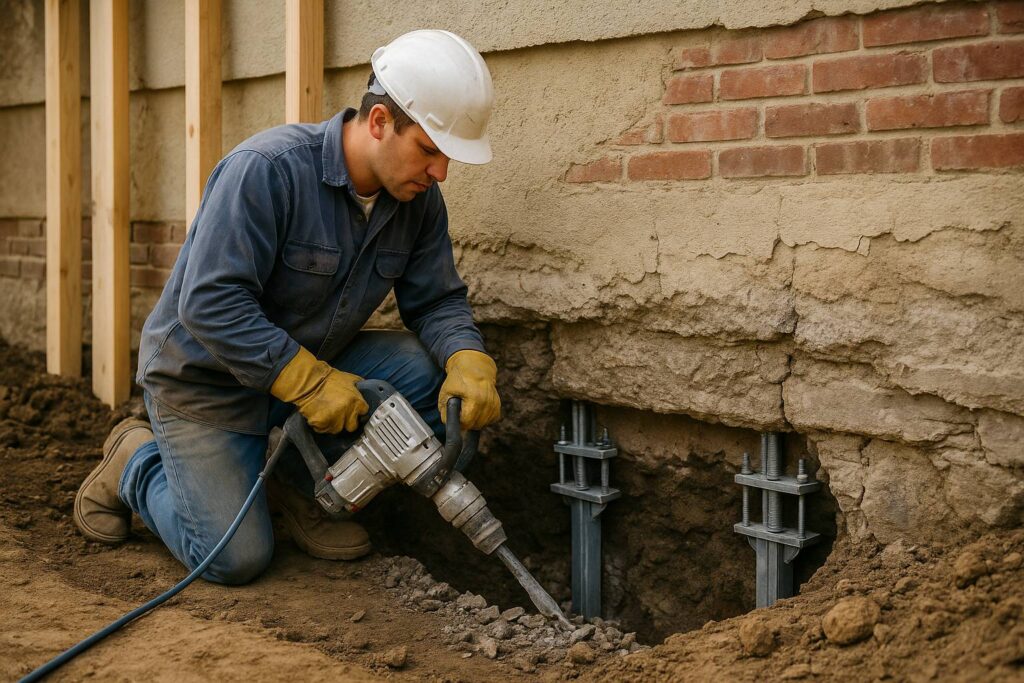 Technician performing structural repair on residential foundation.